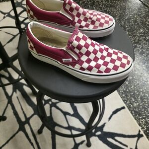 Vans Burgundy and White Checkered Slip-Ons